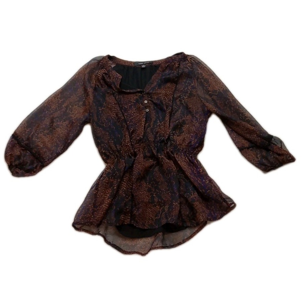 LARRY LEVINE Women's Blouse Sz M Paisley Print V Neck Bishop Sleeve Whimsical
